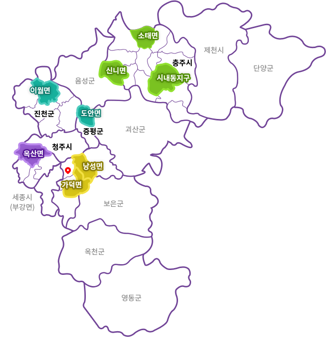 충청북도지도 - 1코스:청주시 낭성면, 가덕면, 2코스:진천군, 증평군, 3코스:청주시 옥산면, 4코스:충주시 소태면, 신니면, 시내동지구